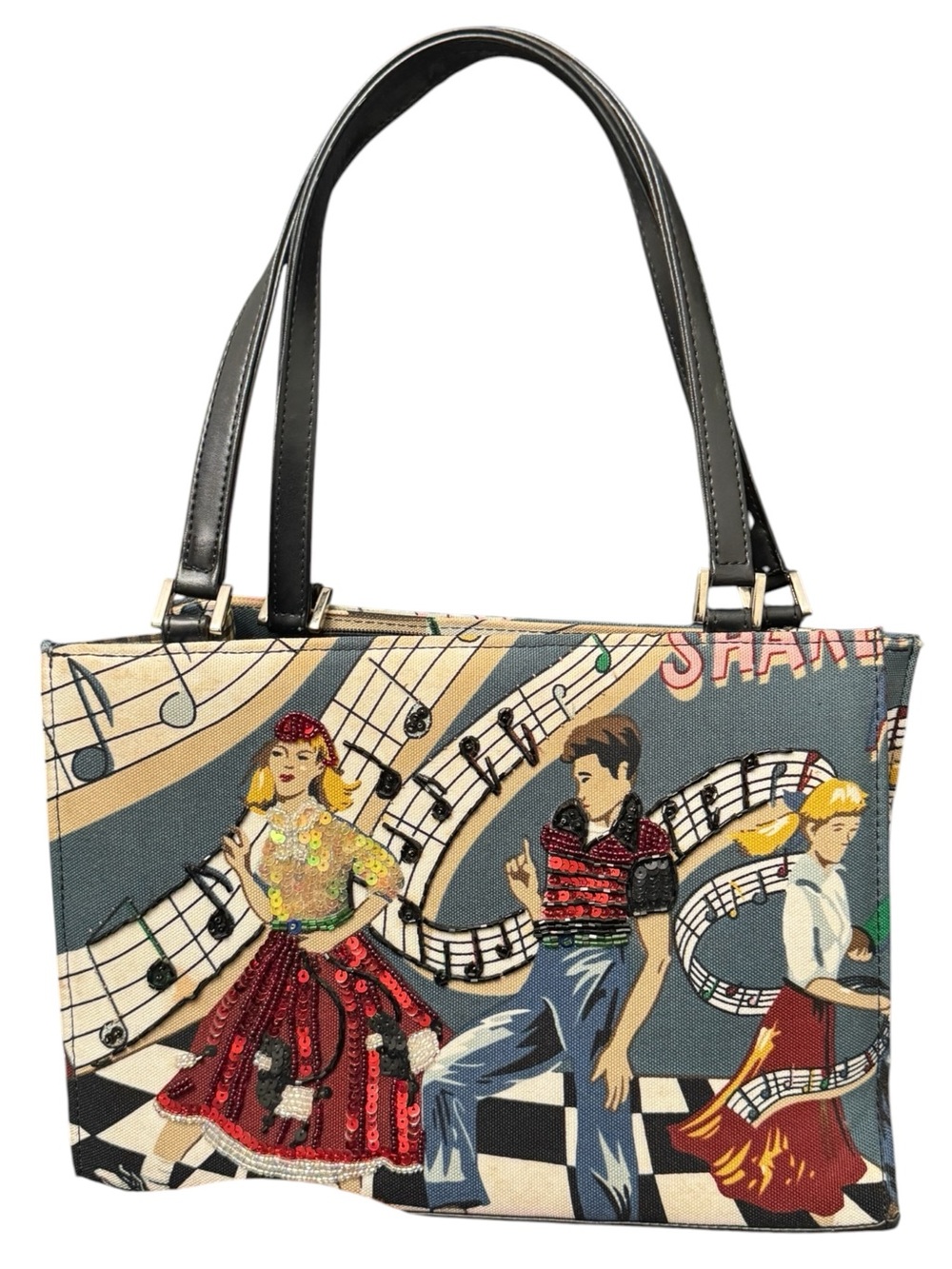 Y2K Rockabilly Novelty Handbag Sequin Beaded Rock & Roll Music Pinup Tote Bag